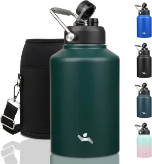 1 Gallon Jug with Handle,128 oz Insulated Water Bottle with Carrying Pouch, Double Wall Vacuum Stainless Steel Metal Bottle,Dark Green