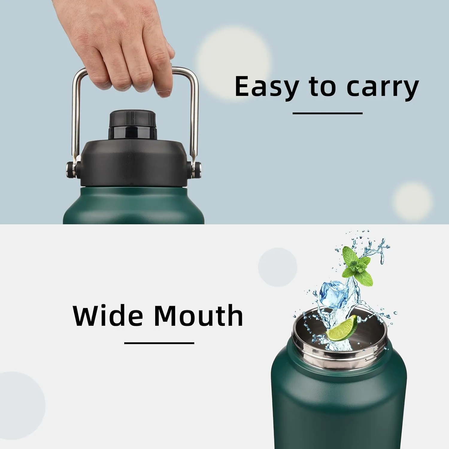1 Gallon Jug with Handle,128 oz Insulated Water Bottle with Carrying Pouch, Double Wall Vacuum Stainless Steel Metal Bottle,Dark Green