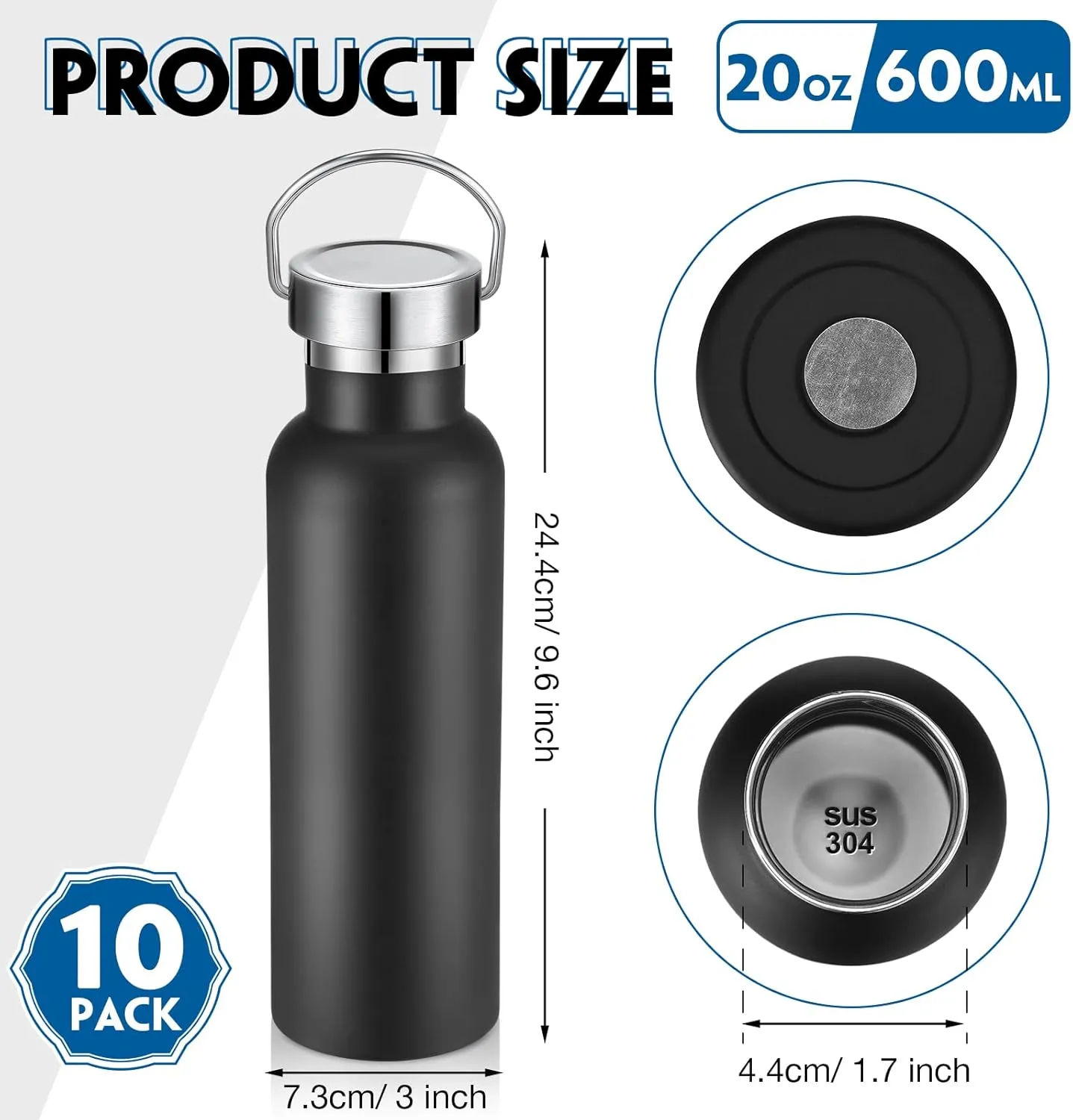 10 Pack Insulated Water Bottle 20 oz Stainless Steel Sport Bottle Bulk Double Wall Metal Reusable Flask with Leakproof Lid of Handle for Travel Cyclists School Gift(Black)