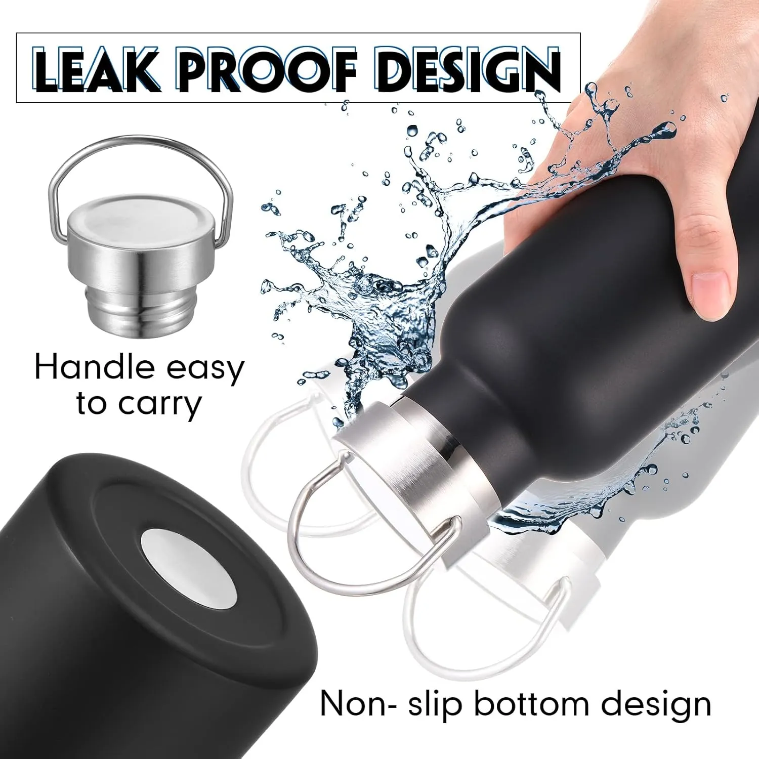 10 Pack Insulated Water Bottle 20 oz Stainless Steel Sport Bottle Bulk Double Wall Metal Reusable Flask with Leakproof Lid of Handle for Travel Cyclists School Gift(Black)