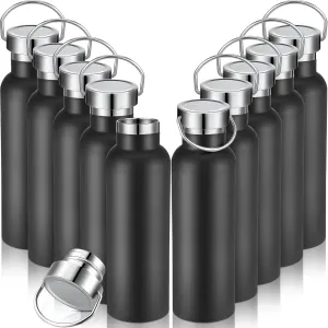 10 Pack Insulated Water Bottle 20 oz Stainless Steel Sport Bottle Bulk Double Wall Metal Reusable Flask with Leakproof Lid of Handle for Travel Cyclists School Gift(Black)