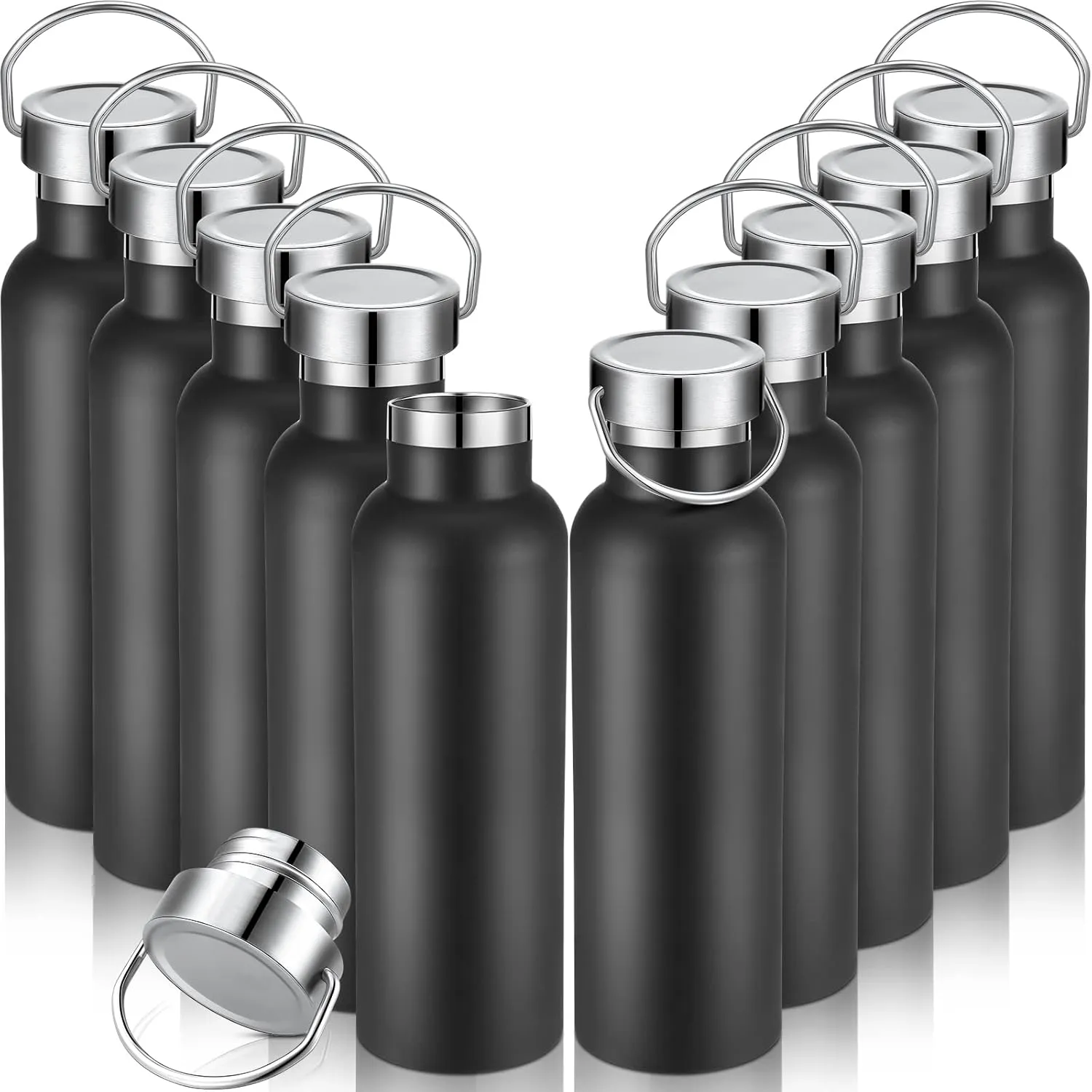 10 Pack Insulated Water Bottle 20 oz Stainless Steel Sport Bottle Bulk Double Wall Metal Reusable Flask with Leakproof Lid of Handle for Travel Cyclists School Gift(Black)