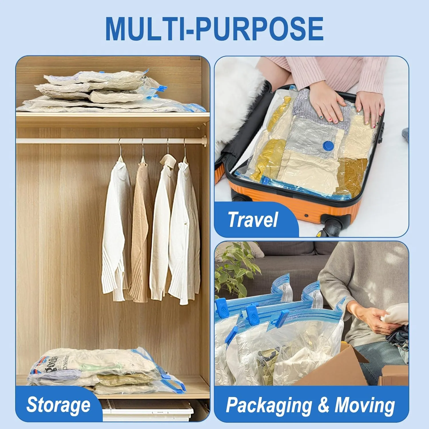 10 Pack Large Vacuum Storage Bags with Hand Pump, Plastic Packaging Bags, 80% Space Saver Vacuum Seal Bags for Clothing, Travel Lugggage, Blankets, Comforters