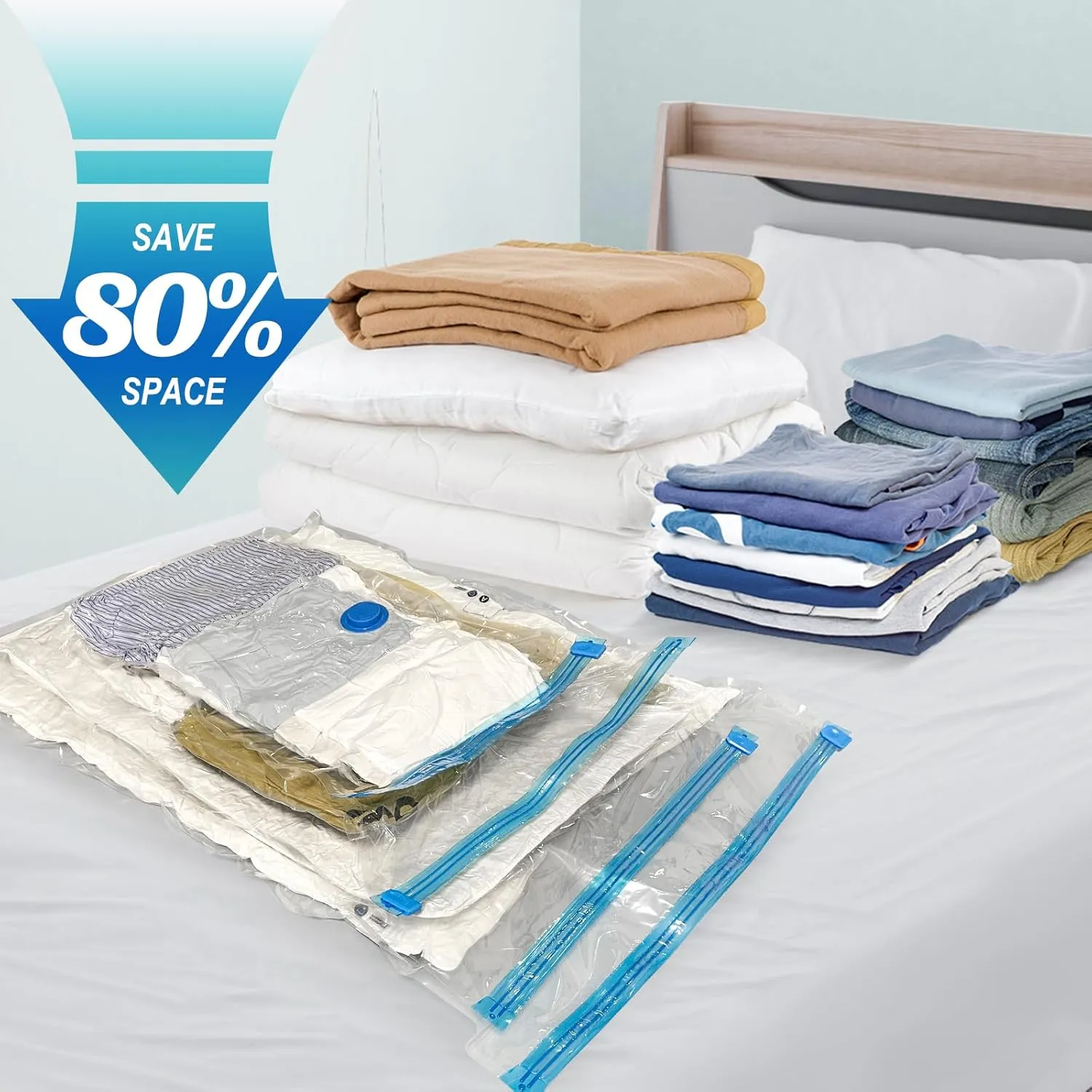 10 Pack Large Vacuum Storage Bags with Hand Pump, Plastic Packaging Bags, 80% Space Saver Vacuum Seal Bags for Clothing, Travel Lugggage, Blankets, Comforters