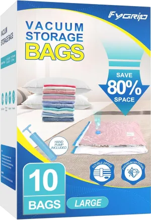 10 Pack Large Vacuum Storage Bags with Hand Pump, Plastic Packaging Bags, 80% Space Saver Vacuum Seal Bags for Clothing, Travel Lugggage, Blankets, Comforters