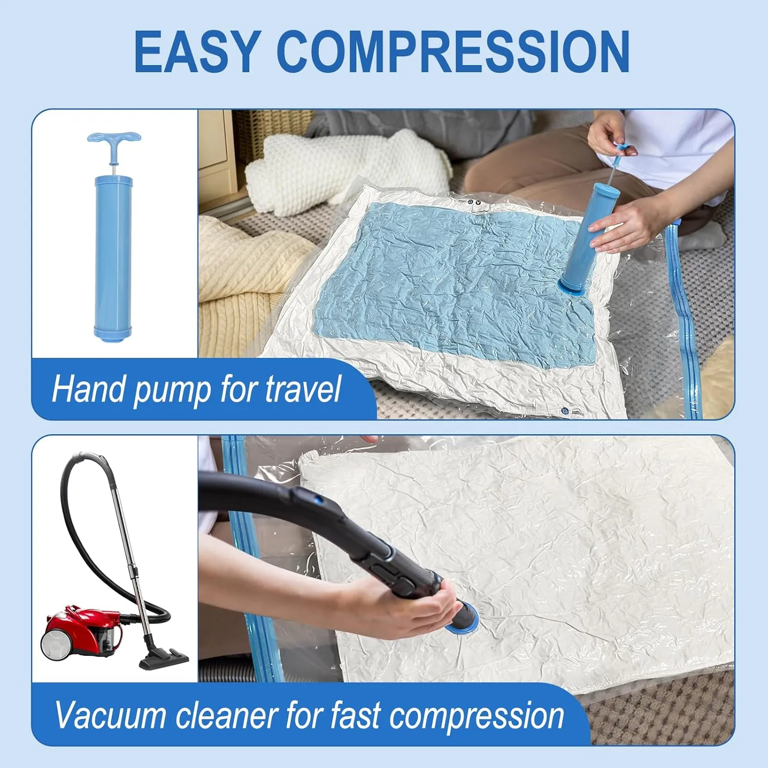 10 Pack Large Vacuum Storage Bags with Hand Pump, Plastic Packaging Bags, 80% Space Saver Vacuum Seal Bags for Clothing, Travel Lugggage, Blankets, Comforters