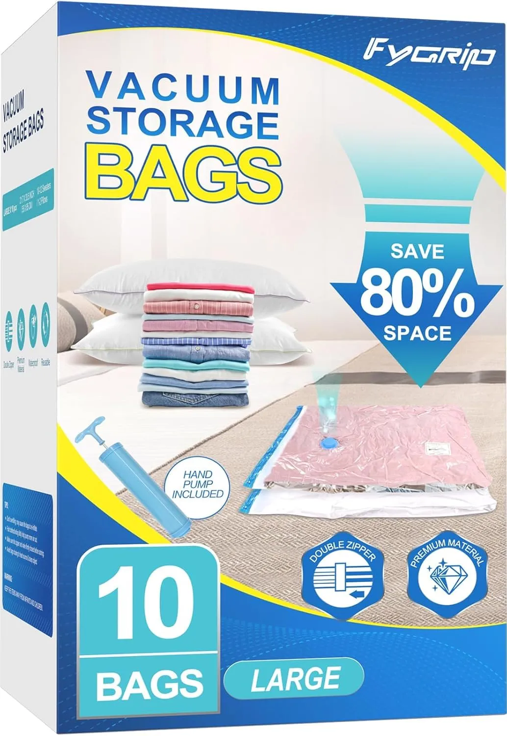 10 Pack Large Vacuum Storage Bags with Hand Pump, Plastic Packaging Bags, 80% Space Saver Vacuum Seal Bags for Clothing, Travel Lugggage, Blankets, Comforters
