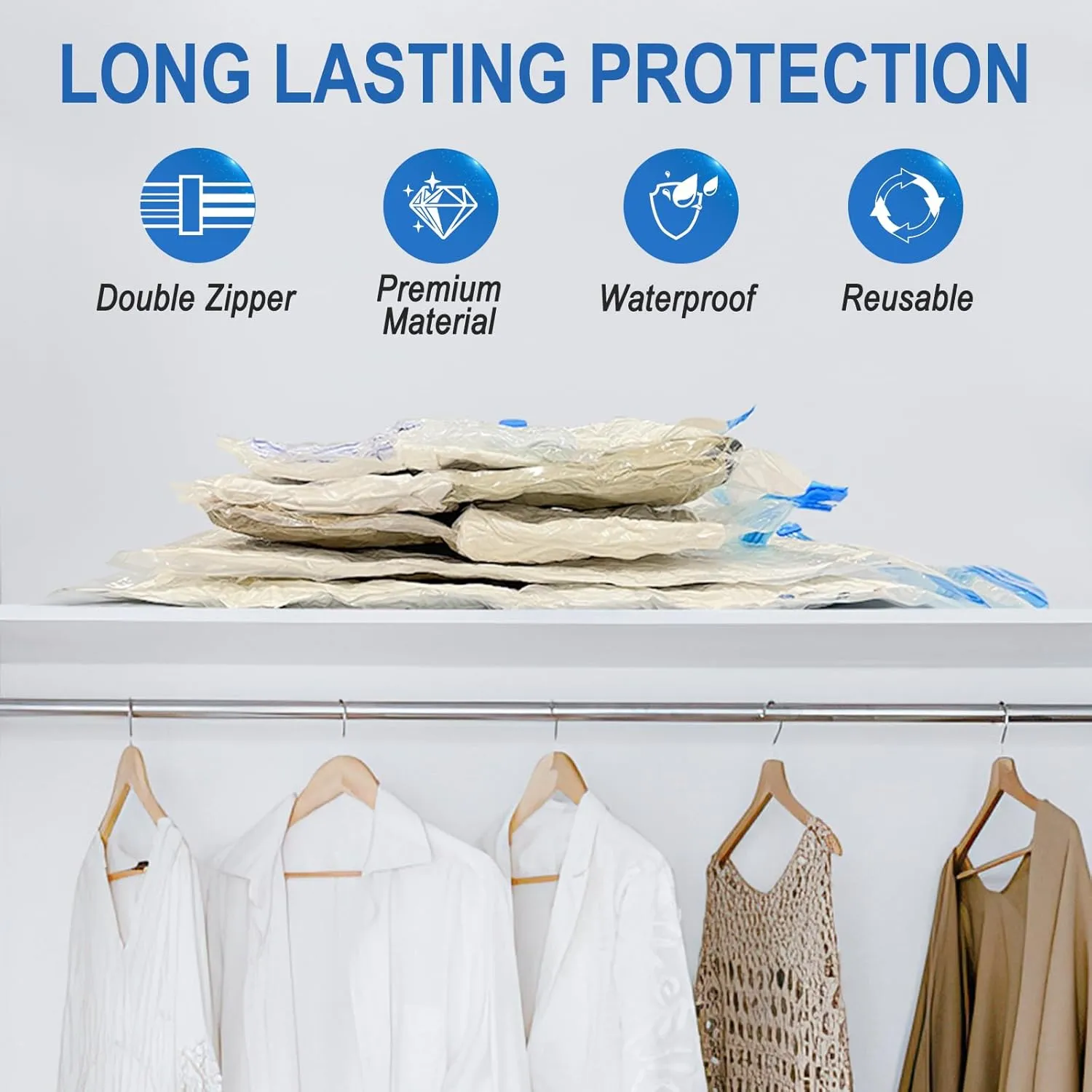 10 Pack Large Vacuum Storage Bags with Hand Pump, Plastic Packaging Bags, 80% Space Saver Vacuum Seal Bags for Clothing, Travel Lugggage, Blankets, Comforters