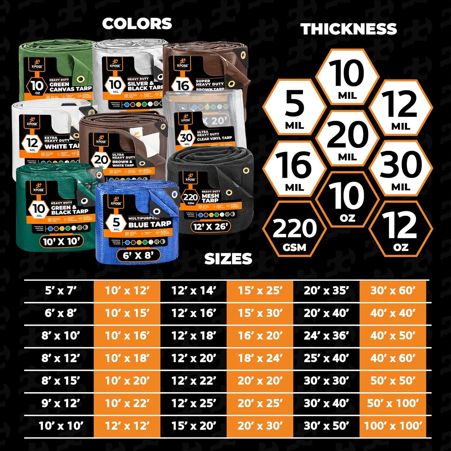 10' x 10' Super Heavy Duty 16 Mil Brown Poly Tarp Cover - Thick Waterproof, UV Resistant, Rip and Tear Proof Tarpaulin with Grommets and Reinforced Edges - by Xpose Safety