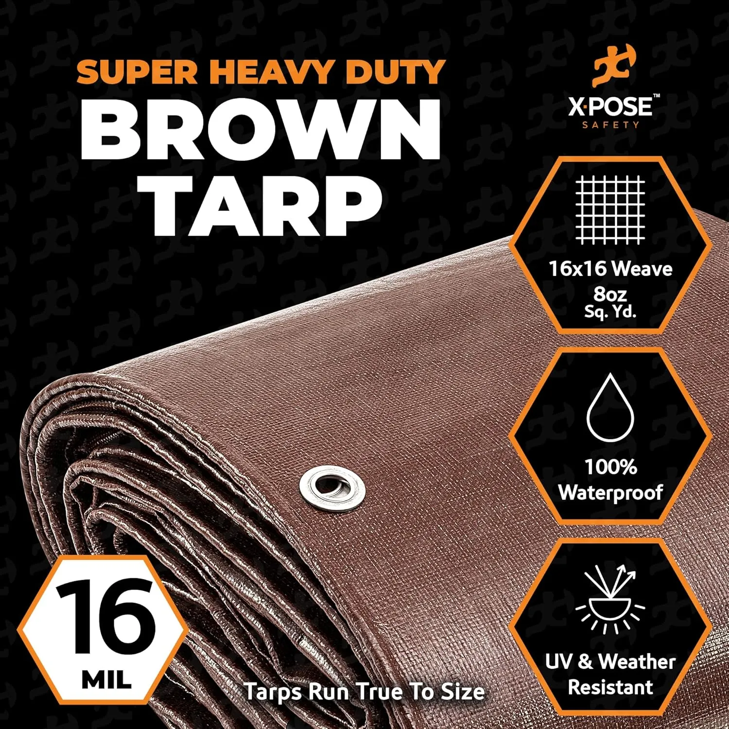 10' x 10' Super Heavy Duty 16 Mil Brown Poly Tarp Cover - Thick Waterproof, UV Resistant, Rip and Tear Proof Tarpaulin with Grommets and Reinforced Edges - by Xpose Safety