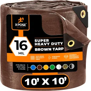 10' x 10' Super Heavy Duty 16 Mil Brown Poly Tarp Cover - Thick Waterproof, UV Resistant, Rip and Tear Proof Tarpaulin with Grommets and Reinforced Edges - by Xpose Safety