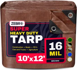 10' x 12' Brown Heavy Duty Tarp with Grommets Reinforced - 16 Mil Thick - Double Sided Plastic Tarps Waterproof - Large Tarpaulin Cover for Outdoor Camping Over/Under Tent Tarp RV Roof Rain - Zebro