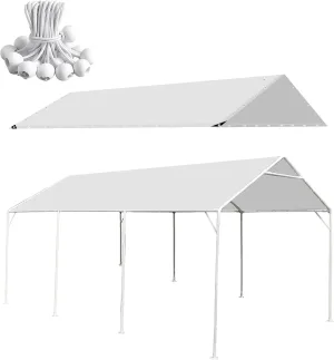 10 x 20 Ft Heavy Duty Carport Replacement Canopy Waterproof UV Protected Garage Top Shelter Tarp Tent Cover with 44 Ball Bungees Cords, Only Top Cover, White
