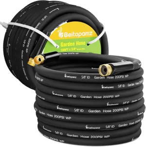100 ft Garden Hose, 5/8 in Heavy Duty Water Hose, Flexible No Kinks, Lightweight Hybrid Hose, Male to Female Fittings Leakproof Rubber Leader Hose, Drinking Water Safe, BT100B, Black