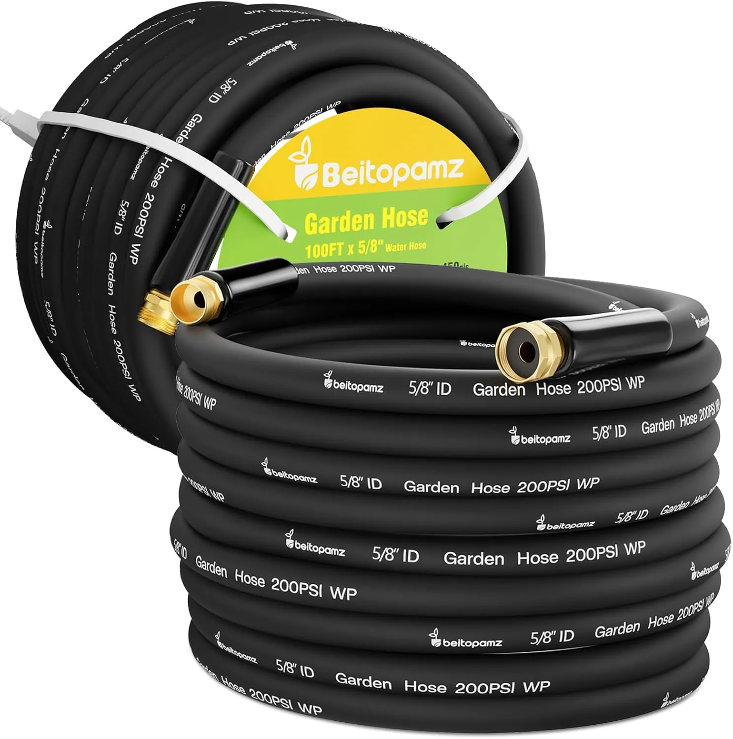 100 ft Garden Hose, 5/8 in Heavy Duty Water Hose, Flexible No Kinks, Lightweight Hybrid Hose, Male to Female Fittings Leakproof Rubber Leader Hose, Drinking Water Safe, BT100B, Black