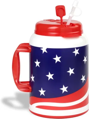 100 Ounce Insulated Mug with Handle and Flexible Straw with Flip Top Easy Pour Cap, Keep Drinks Cold, USA Flag