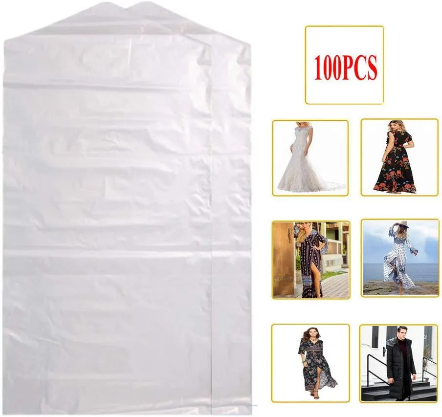 100 Pack Garment Bag Transparent Clothing Dust Cover Storage Bag Suitable for Wedding Dresses Long Skirts Windbreakers Down Jackets 23.6x59 inches