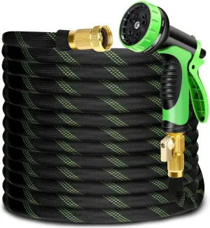 100ft Non-Expandable Garden Hose with 10 Function Nozzles, Flexible, Lightweight, Kink-Free, Leak-Proof, Sturdy Water Hose with Strong Brass Connector for Yard, Lawn, Outdoor, Marine and Camper