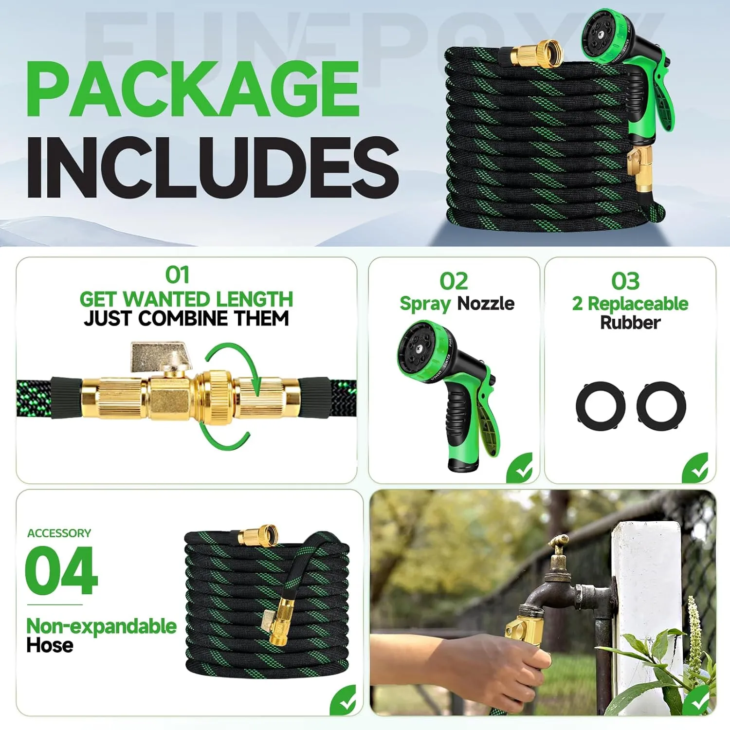 100ft Non-Expandable Garden Hose with 10 Function Nozzles, Flexible, Lightweight, Kink-Free, Leak-Proof, Sturdy Water Hose with Strong Brass Connector for Yard, Lawn, Outdoor, Marine and Camper