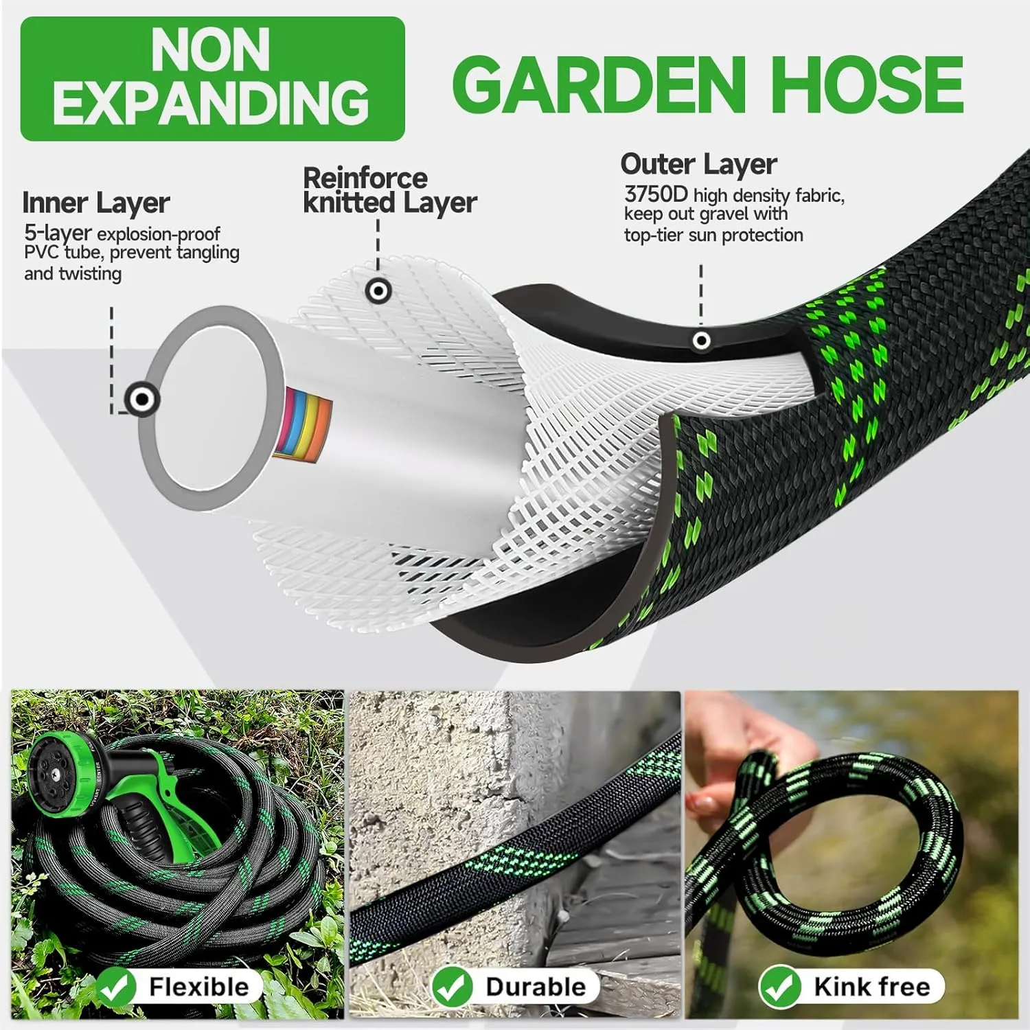 100ft Non-Expandable Garden Hose with 10 Function Nozzles, Flexible, Lightweight, Kink-Free, Leak-Proof, Sturdy Water Hose with Strong Brass Connector for Yard, Lawn, Outdoor, Marine and Camper