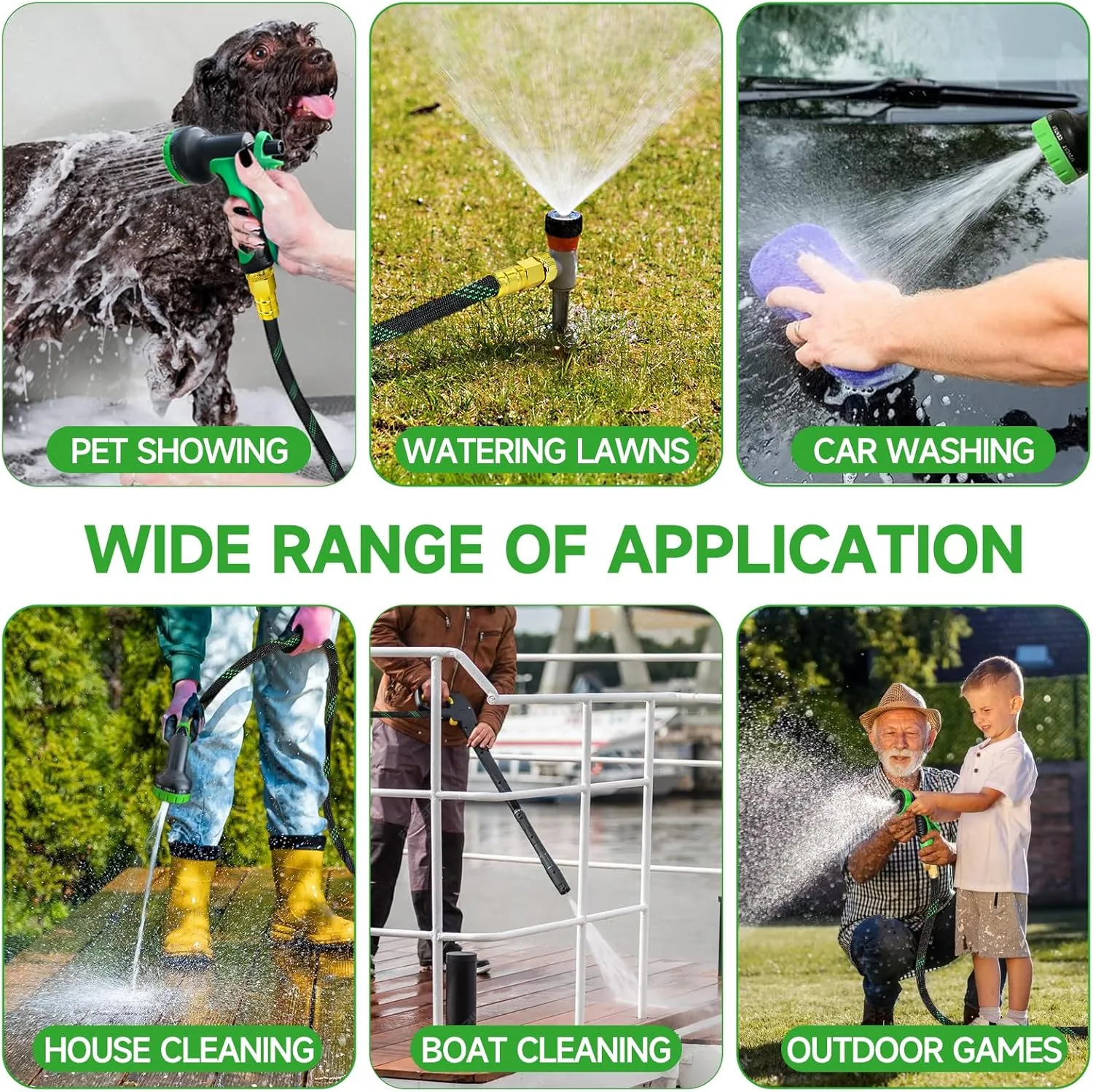 100ft Non-Expandable Garden Hose with 10 Function Nozzles, Flexible, Lightweight, Kink-Free, Leak-Proof, Sturdy Water Hose with Strong Brass Connector for Yard, Lawn, Outdoor, Marine and Camper