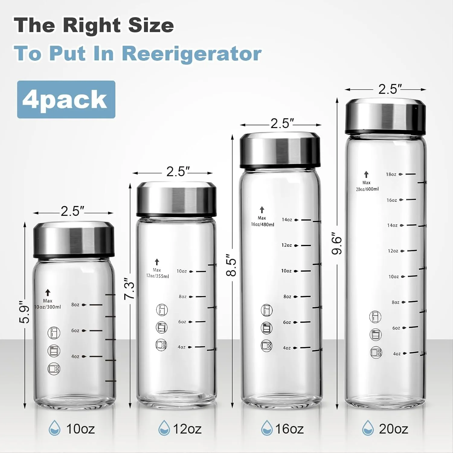 10oz Juice Bottles - 4 Pack Wide Mouth Glass Bottles with Lids- BPA Free, Stainless Steel Lids for Juicing, Smoothies, Infused Water, Beverage Storage - Leakproof, Borosilicate, Clear