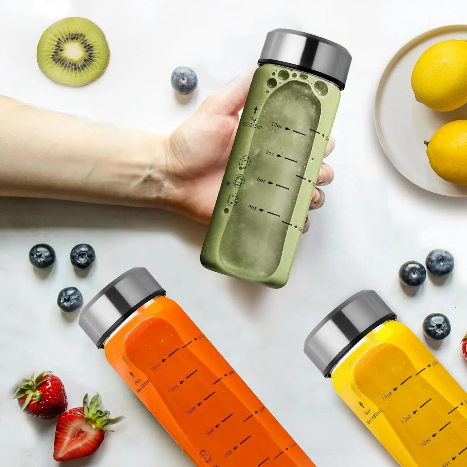 10oz Juice Bottles - 4 Pack Wide Mouth Glass Bottles with Lids- BPA Free, Stainless Steel Lids for Juicing, Smoothies, Infused Water, Beverage Storage - Leakproof, Borosilicate, Clear
