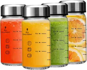 10oz Juice Bottles - 4 Pack Wide Mouth Glass Bottles with Lids- BPA Free, Stainless Steel Lids for Juicing, Smoothies, Infused Water, Beverage Storage - Leakproof, Borosilicate, Clear