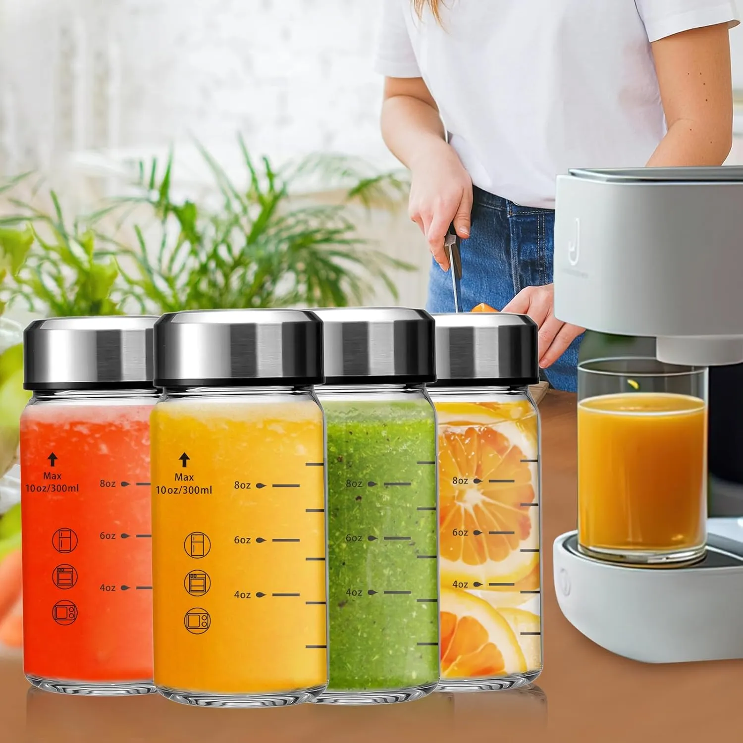 10oz Juice Bottles - 4 Pack Wide Mouth Glass Bottles with Lids- BPA Free, Stainless Steel Lids for Juicing, Smoothies, Infused Water, Beverage Storage - Leakproof, Borosilicate, Clear
