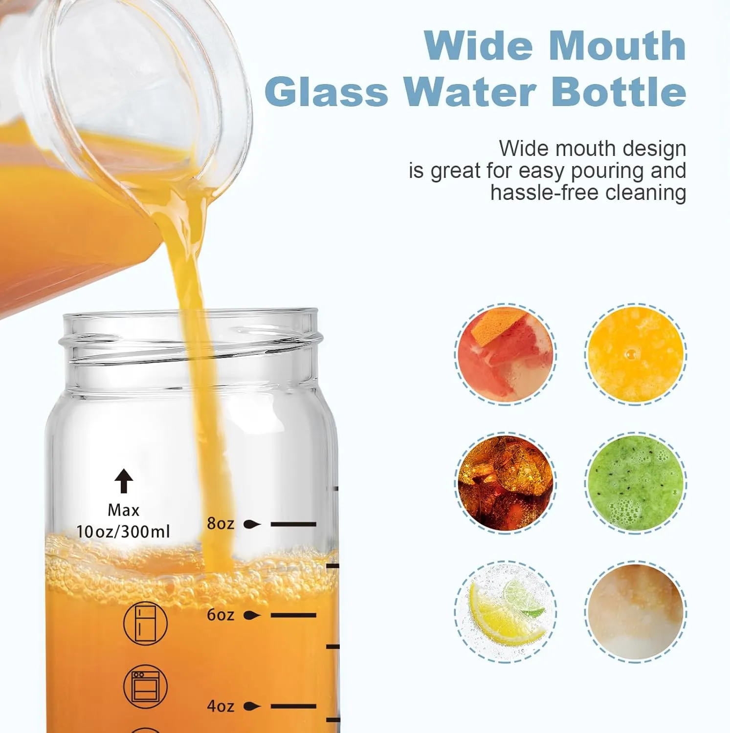 10oz Juice Bottles - 4 Pack Wide Mouth Glass Bottles with Lids- BPA Free, Stainless Steel Lids for Juicing, Smoothies, Infused Water, Beverage Storage - Leakproof, Borosilicate, Clear