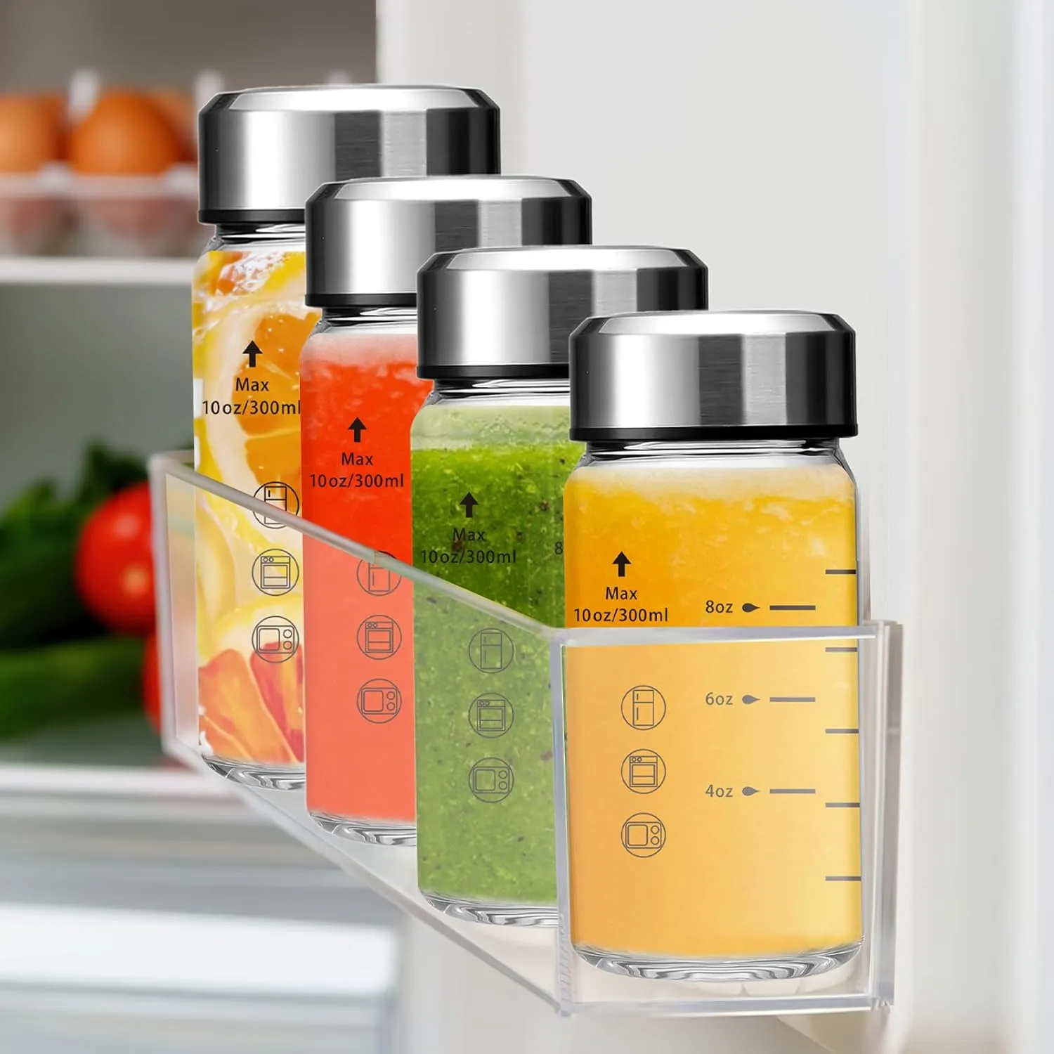 10oz Juice Bottles - 4 Pack Wide Mouth Glass Bottles with Lids- BPA Free, Stainless Steel Lids for Juicing, Smoothies, Infused Water, Beverage Storage - Leakproof, Borosilicate, Clear