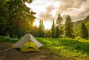 10x8ft Pine Forest Camping Background for Photography Sunrise Outdoor Travel Scout Mountains Landscape Grassland Camp Tents Backdrop Holiday Vacation Photo Shoot Props