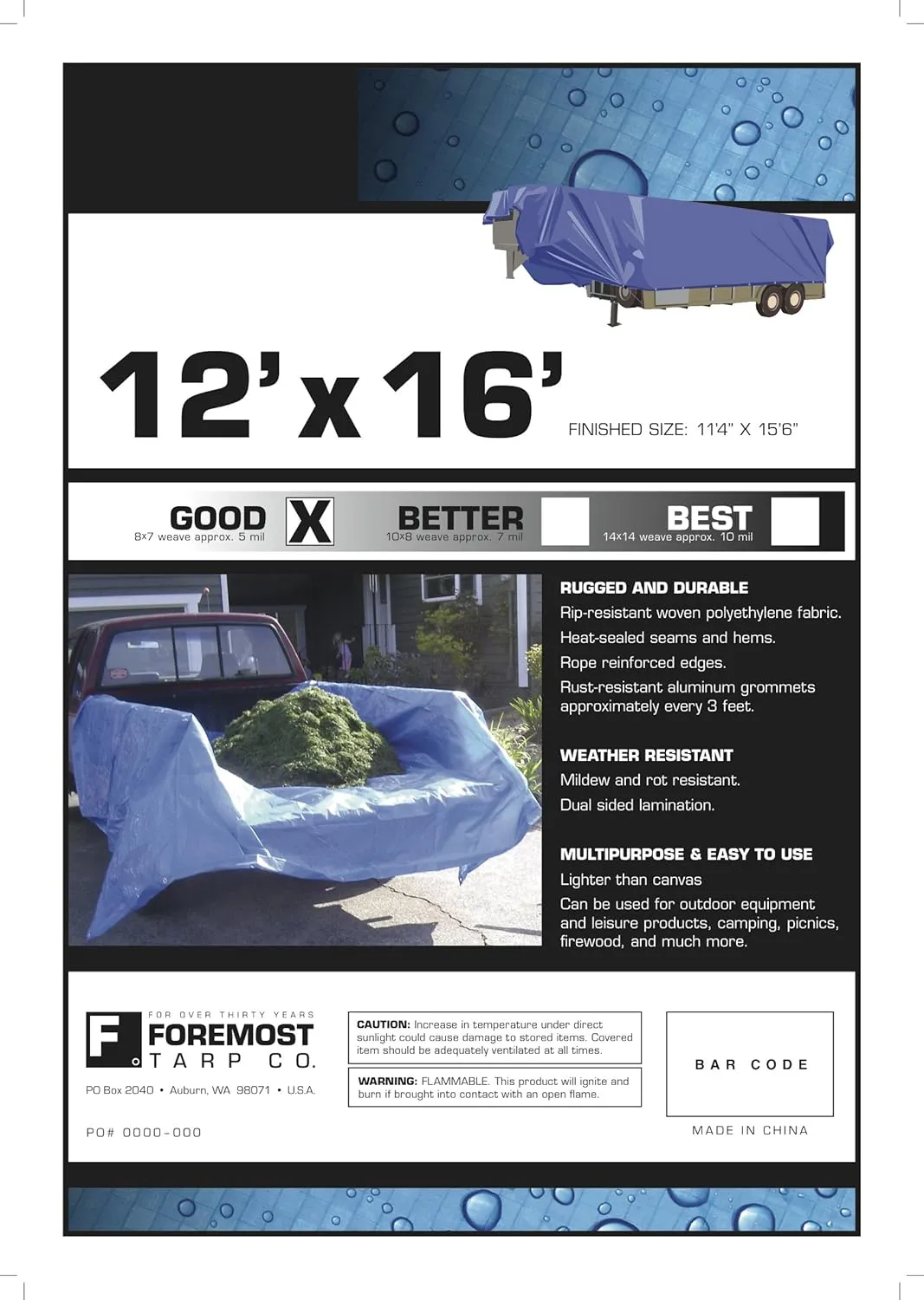 12' x 16' Foremost Tarp 81216 Blue Cut Size 5-Mil Tarp