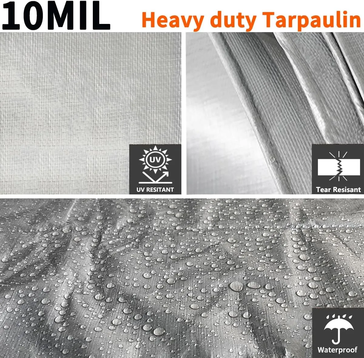 12'x12' Heavy Duty Tarp, 10Mil Silver Waterproof Tarps with Grommets, UV Resistant, Poly Tarpaulin with Reinforced Edges, Cover for Car, Roof, Camping