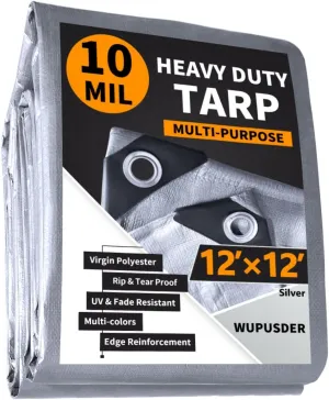 12'x12' Heavy Duty Tarp, 10Mil Silver Waterproof Tarps with Grommets, UV Resistant, Poly Tarpaulin with Reinforced Edges, Cover for Car, Roof, Camping