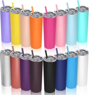 16 Packs Skinny Tumblers with Straws and Lids, 20 oz Stainless Steel Slim Tumblers Double Wall Vacuum Insulated Coffee Cups Solid Color Thin Travel Mug for Hot Cold Drink, 16 Colors
