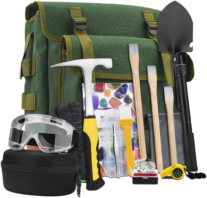 16 PCS Geology Rock Pick Hammer Kit, 22oz Hammer & 3 PCS Digging Chisels Set for Rock Hounding, Gold Mining & Prospecting Equipment Tool Gear Shovel Musette Backpack,Magnifying Glass, Goggles,Whistle