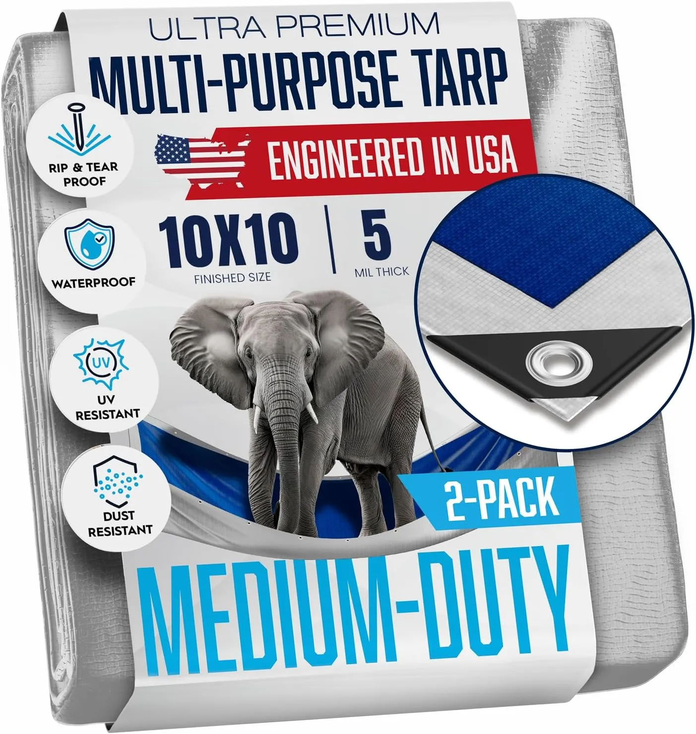 (2 Pack) 10x12 Ft Tarps, Waterproof Plastic Poly 5.5 Mil Thick Tarpaulin with Metal Grommets Every 18in - Emergency Rain Shelter, Outdoor Cover and Camping Use - (Reversible, Blue and Silver)