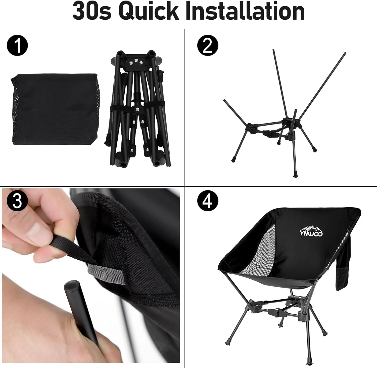 2 Pack Portable Camping Chair,Compact Foldable Chairs with Side Pockets Aluminum Alloy Outdoor Lawn Chair with Carry Bag for Beach Hiking Fishing(Black)