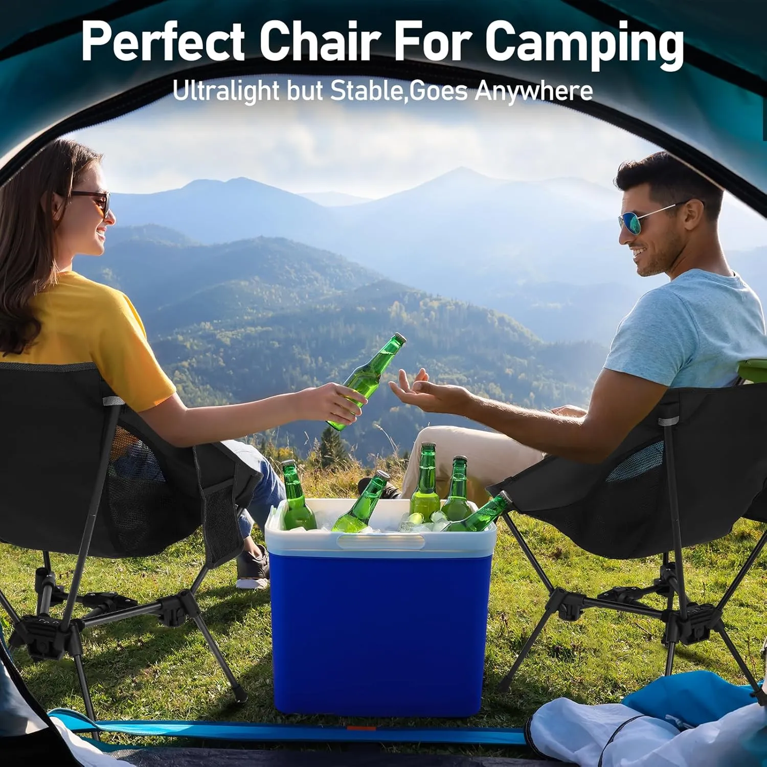 2 Pack Portable Camping Chair,Compact Foldable Chairs with Side Pockets Aluminum Alloy Outdoor Lawn Chair with Carry Bag for Beach Hiking Fishing(Black)