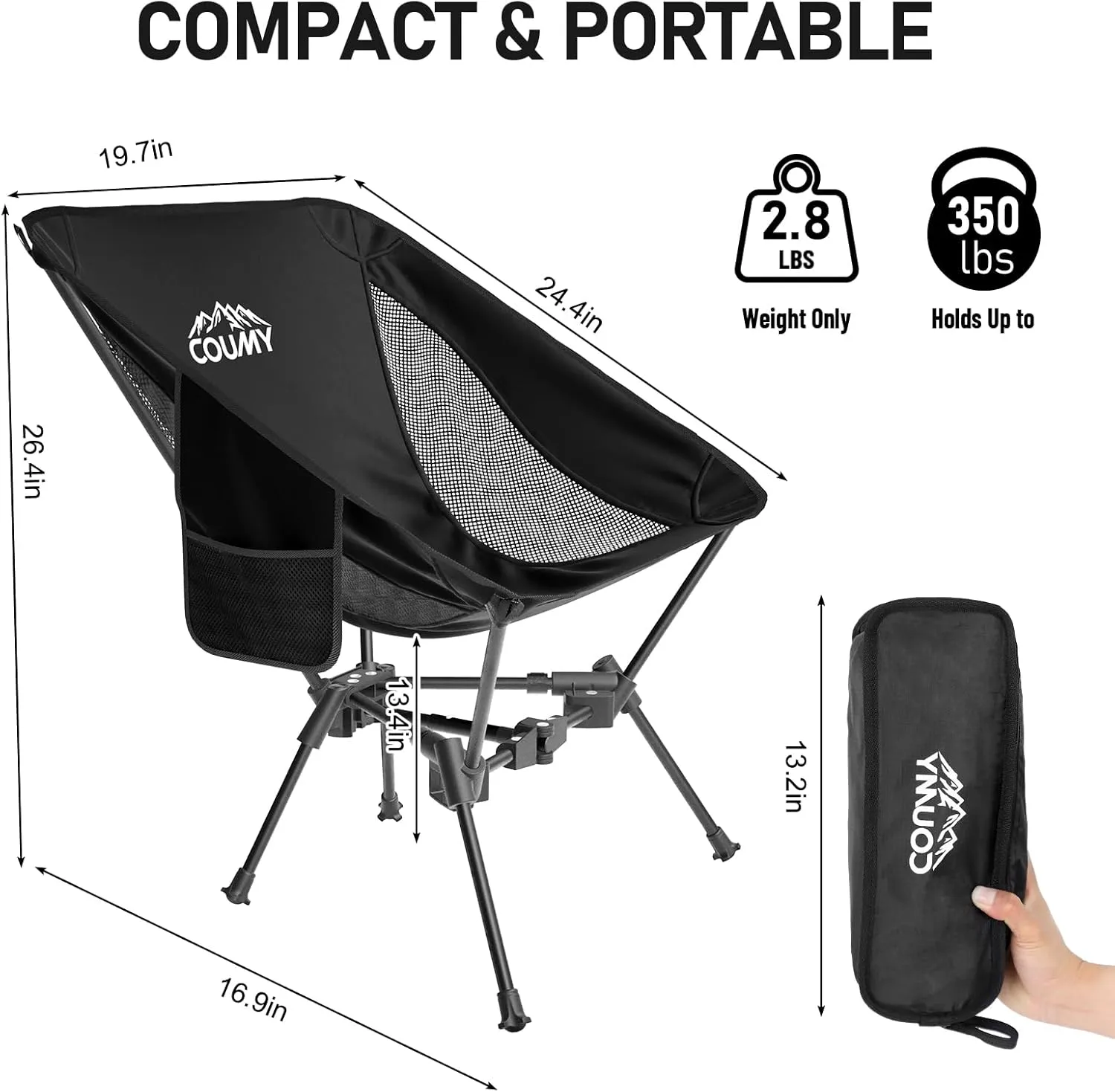 2 Pack Portable Camping Chair,Compact Foldable Chairs with Side Pockets Aluminum Alloy Outdoor Lawn Chair with Carry Bag for Beach Hiking Fishing(Black)