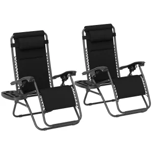 2-Piece Zero Gravity Folding Lounge Chair Set with Headrest & Tray, Black