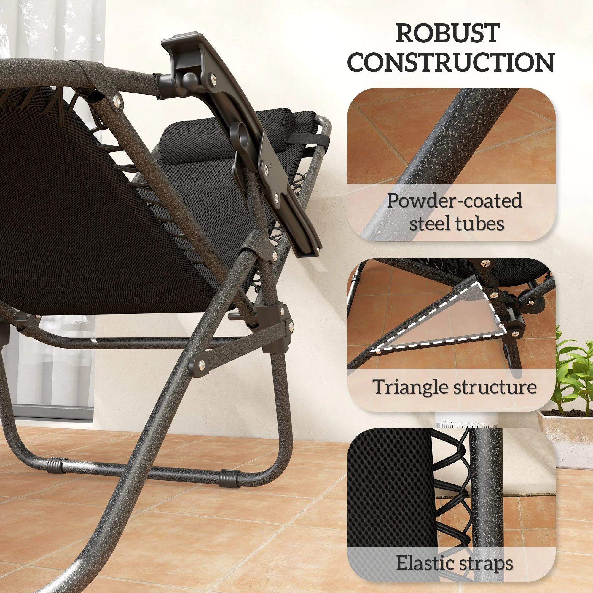 2-Piece Zero Gravity Folding Lounge Chair Set with Headrest & Tray, Black