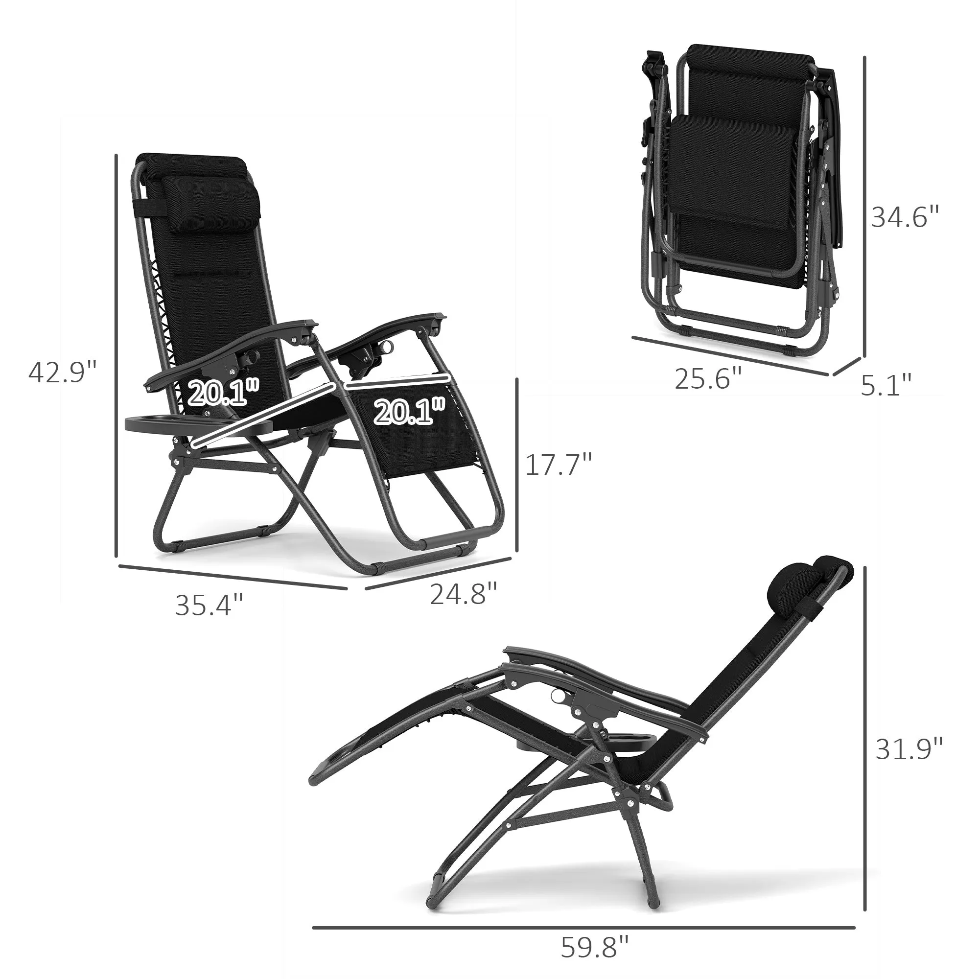 2-Piece Zero Gravity Folding Lounge Chair Set with Headrest & Tray, Black