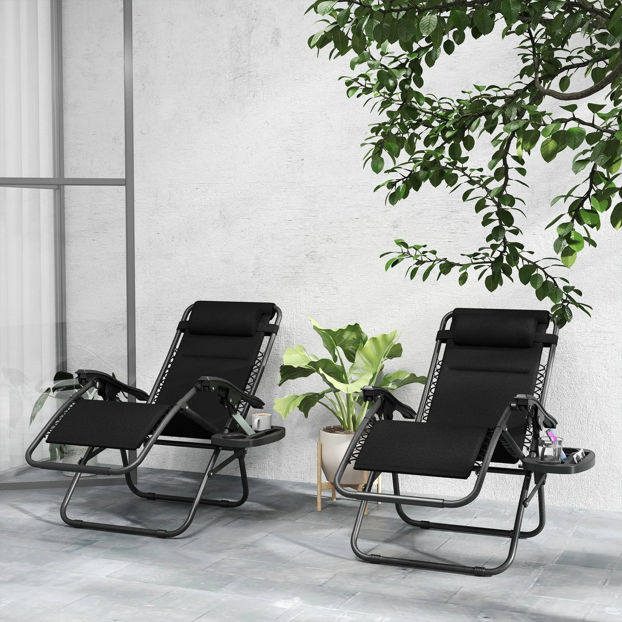 2-Piece Zero Gravity Folding Lounge Chair Set with Headrest & Tray, Black