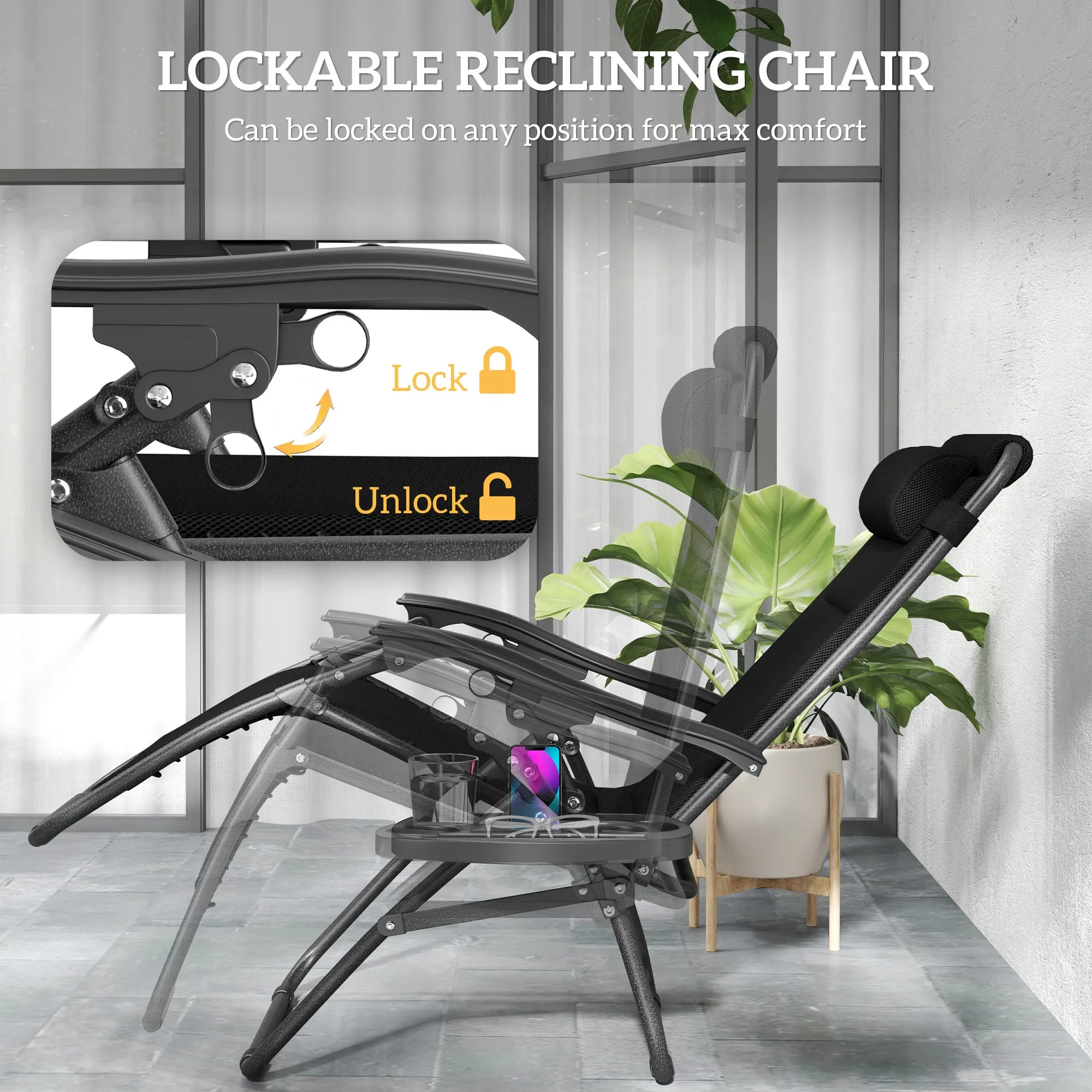 2-Piece Zero Gravity Folding Lounge Chair Set with Headrest & Tray, Black