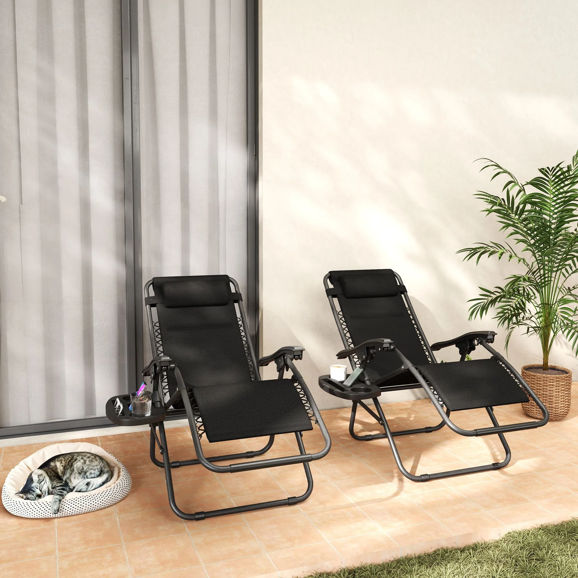 2-Piece Zero Gravity Folding Lounge Chair Set with Headrest & Tray, Black