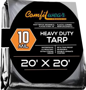 20' x 20' Heavy Duty Silver/Black Waterproof UV Blocking 10 Mil Poly Tarp Camping Boating Outdoors Waterproof Tarp