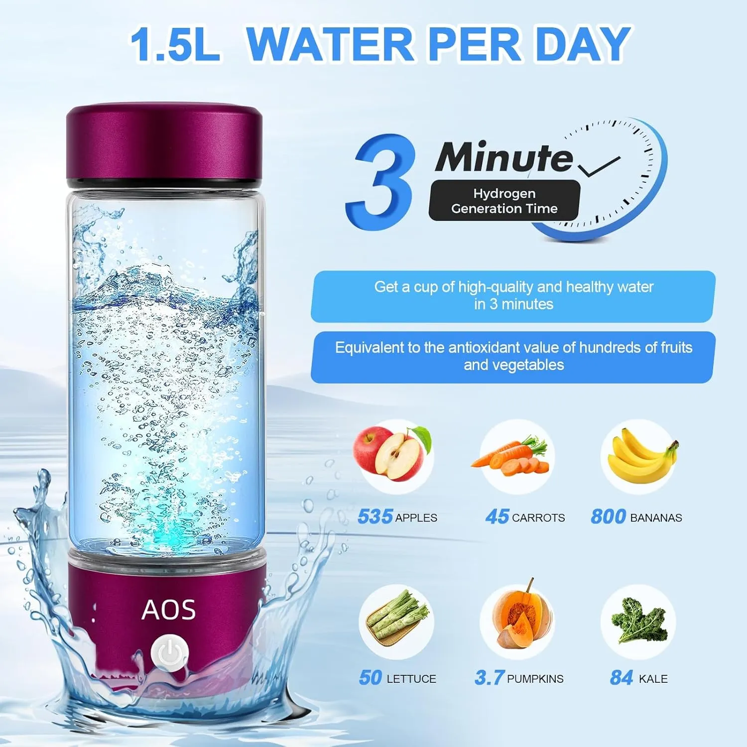 2025 New Hydrogen Water Bottle, 3-Minute 2000ppb with SPE PEM Technology，Gift for Love Friend Family， Hydrogen Water Bottle Generator Suitable for Gym Office Travel Home(Purple red)