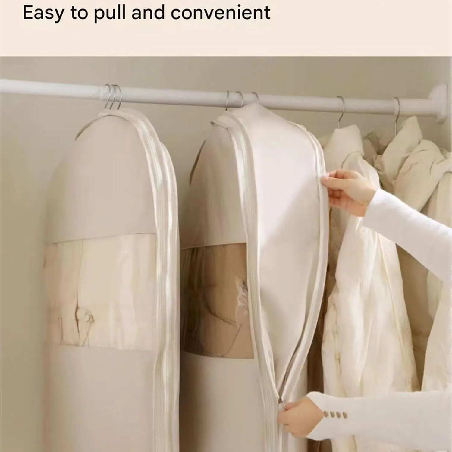 2025 Space Saving Hanging Garment Bag with Self Compression Zipper, Coat Storage Bag Hanging, Hanging Garment Bag, for Down Coat, For Closet Storage (Beige,M L XL)